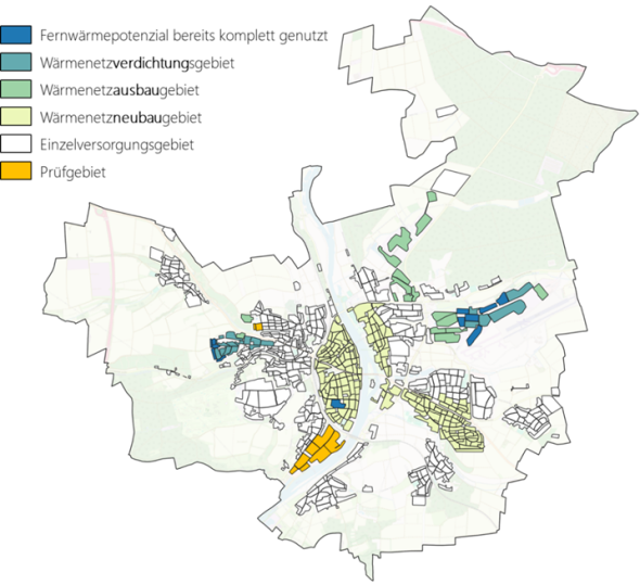 Areas suitable for district heating networks and individual supply systems in Kitzingen.