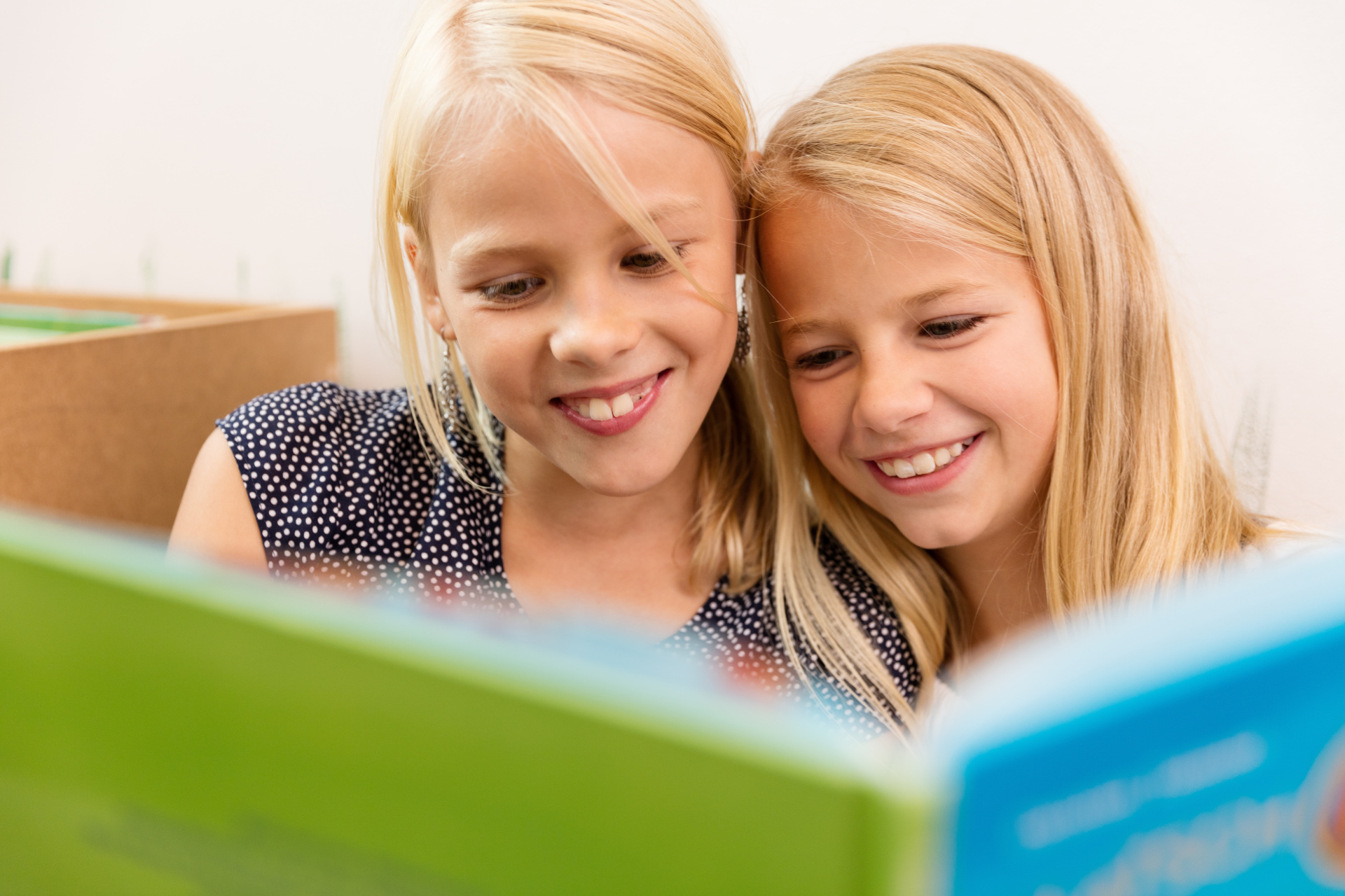 Zwei blonde Mädchen lesen in einem grün-blauen Buch.