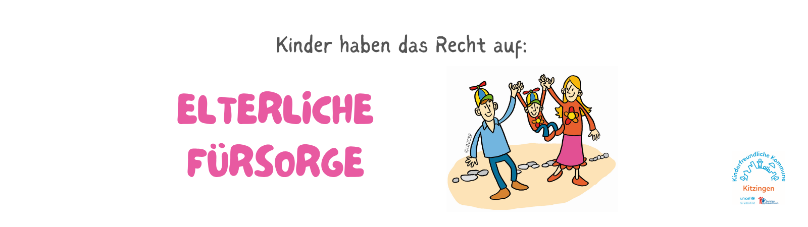 Kinder haben ein Recht auf Elterliche Fürsorge. Illustration von einem Vater und einer Mutter, die ihr Kind an den Händen "fliegen" lassen.