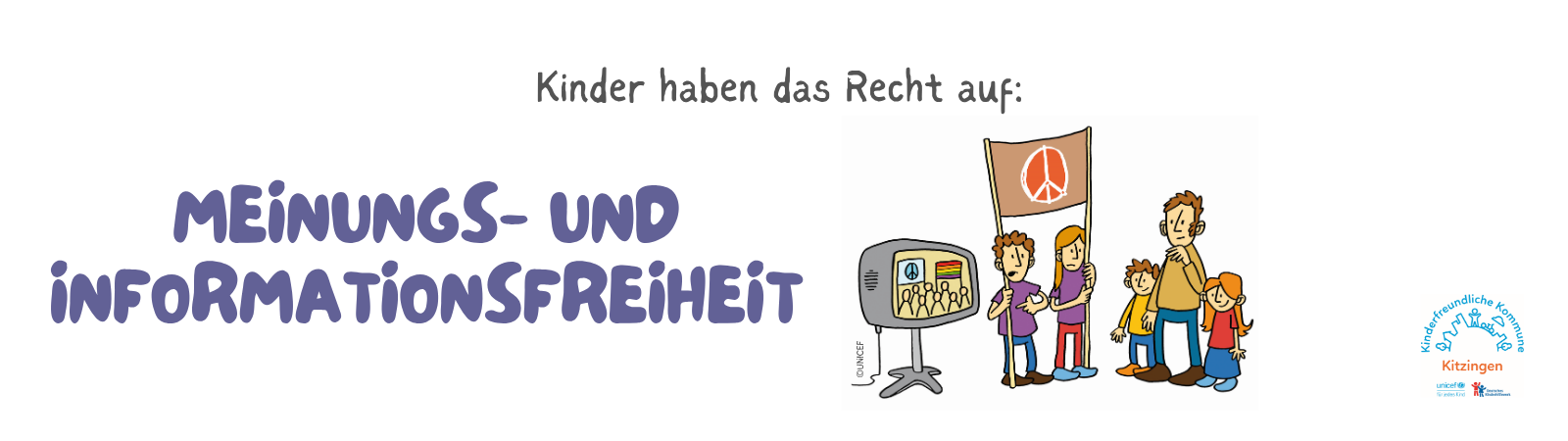 Kinder haben das Recht auf freie Meinungsäußerung. Illustration von zwei Kindern, die ein Schild hochhalten. Daneben steht ein Mann mit zwei Kindern und schaut ihnen zu. Daneben ein Fernseher mit einer Personengruppe, die eine Regenbogenflagge und ein Peace-Zeichen hält.
