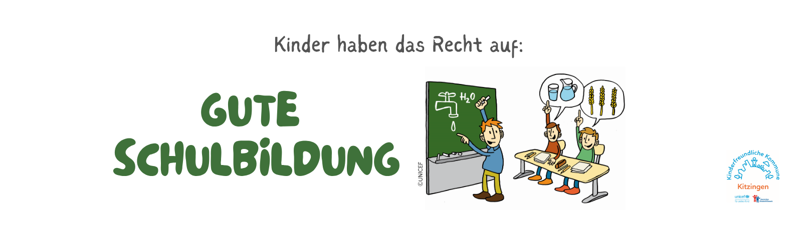 Kinder haben ein Recht auf Gute Schulbildung. Illustration zwei Schüler sitzen an einer Schulbank und melden sich. Der Lehrer erklärt etwas zu H2O an die Tafel.
