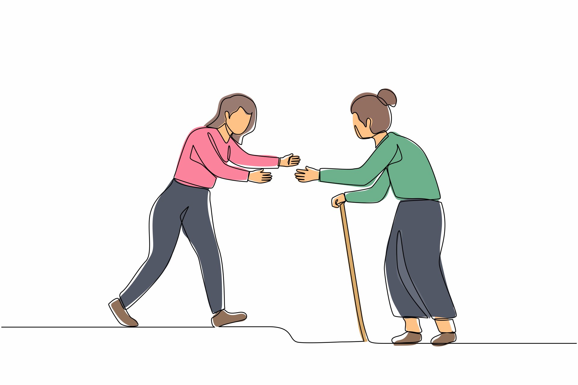 Illustration einer fröhlichen Frau, die auf ihre Großmutter zuläuft.