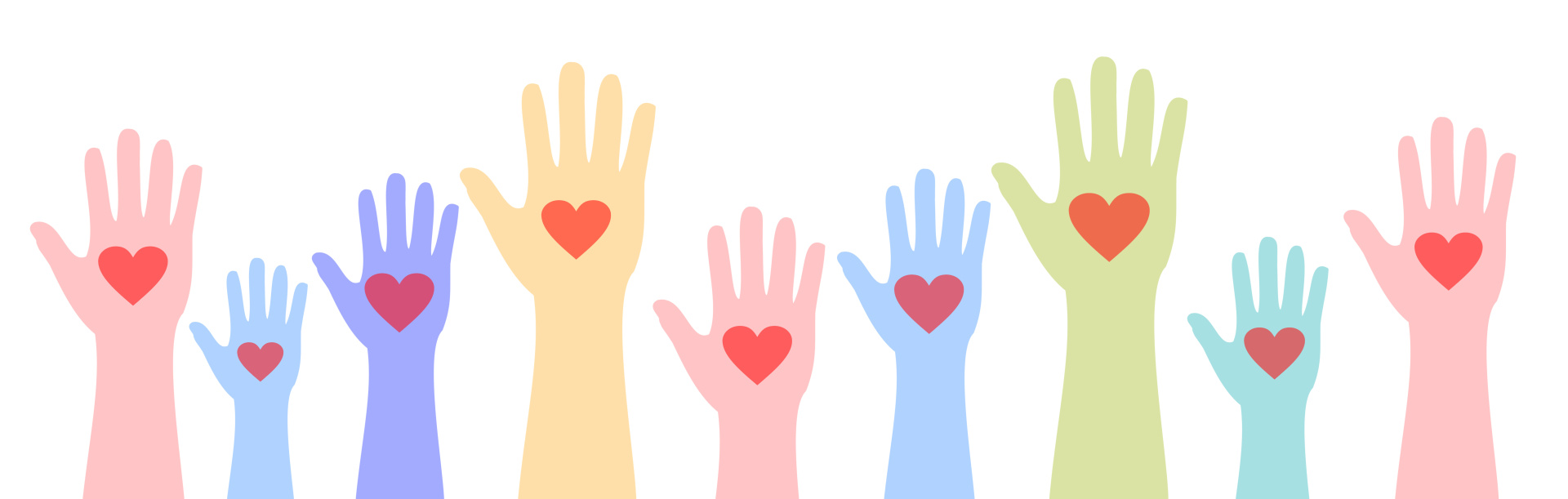 Ehrenamt Eine Gruppe von Freiwilligen hebt die Hände und signalisiert damit, dass Freiwillige benötigt werden.