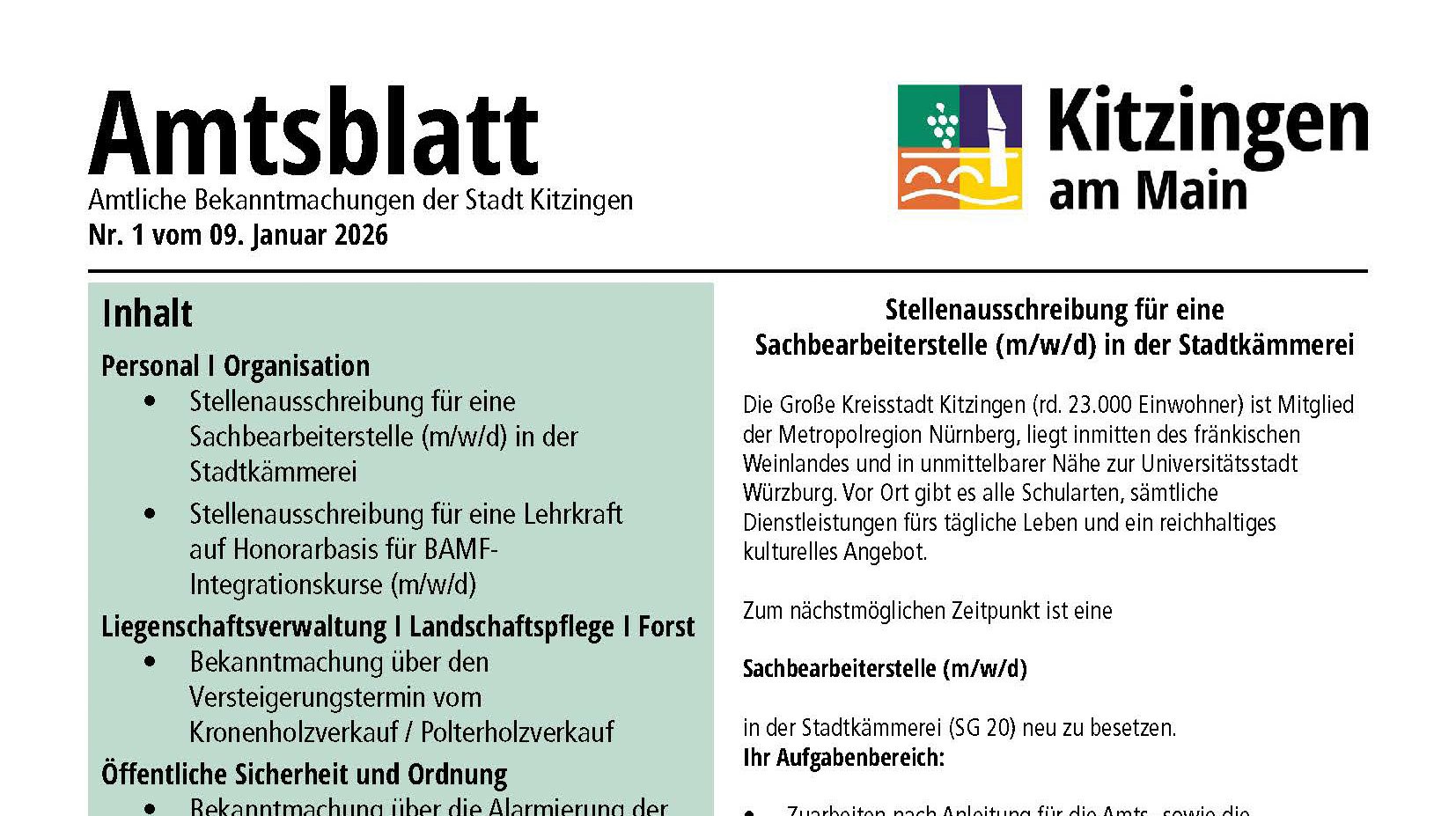 Section of the front page of a digital official gazette of the town of Kitzingen.