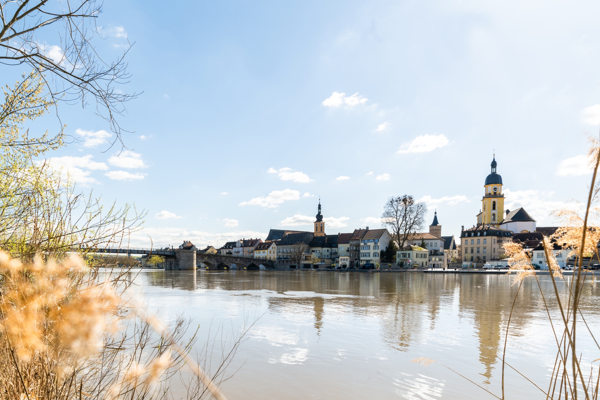 Kitzingen city skyline with the Old Main Bridge on the Upper Main Quay.