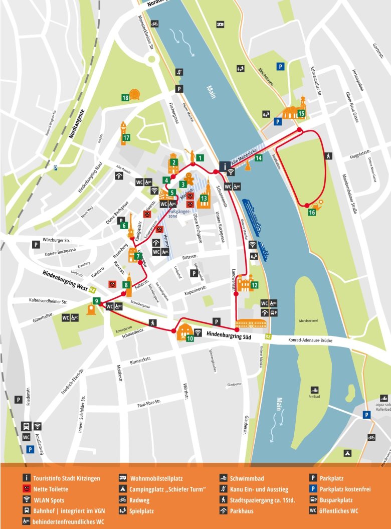 Kitzingen city map with tour marked