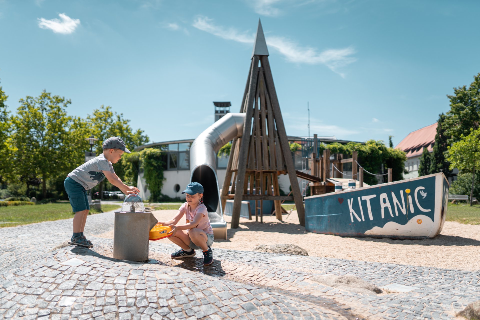 View of the water playground at the Alte Synagoge cultural centre in Kitzingen