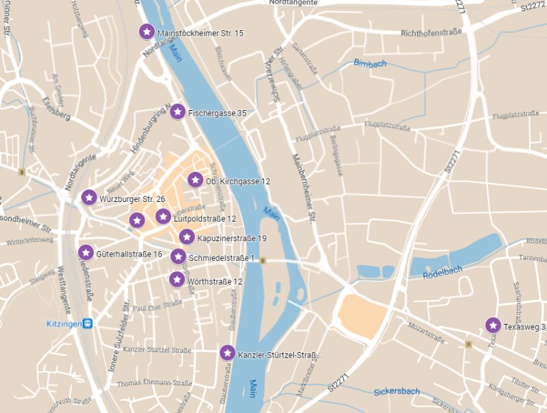 Map with markings of the locations of the memorial plaques.