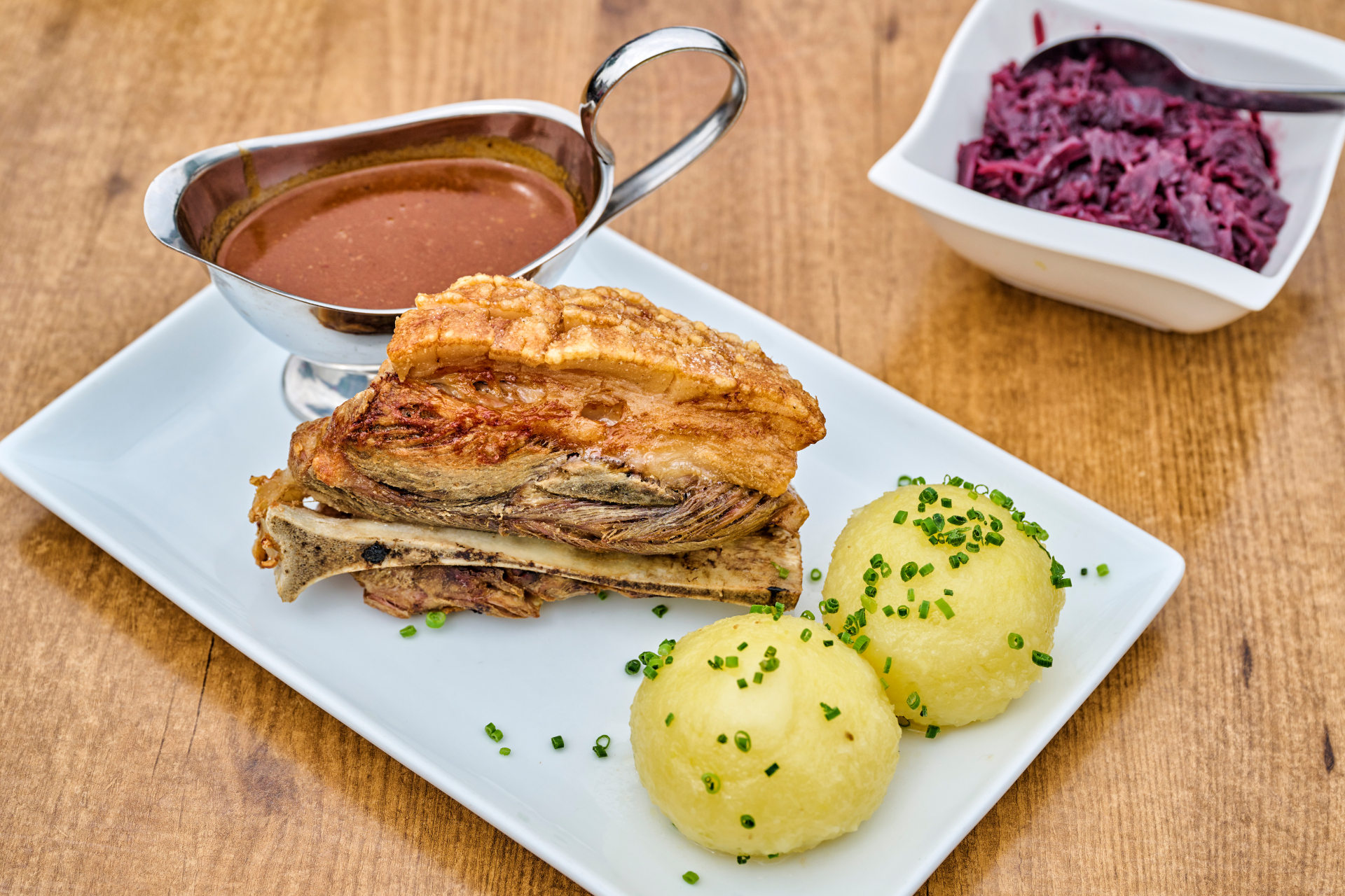 Klos, Schäufele, red cabbage and sauce from the Schiefer Turm restaurant