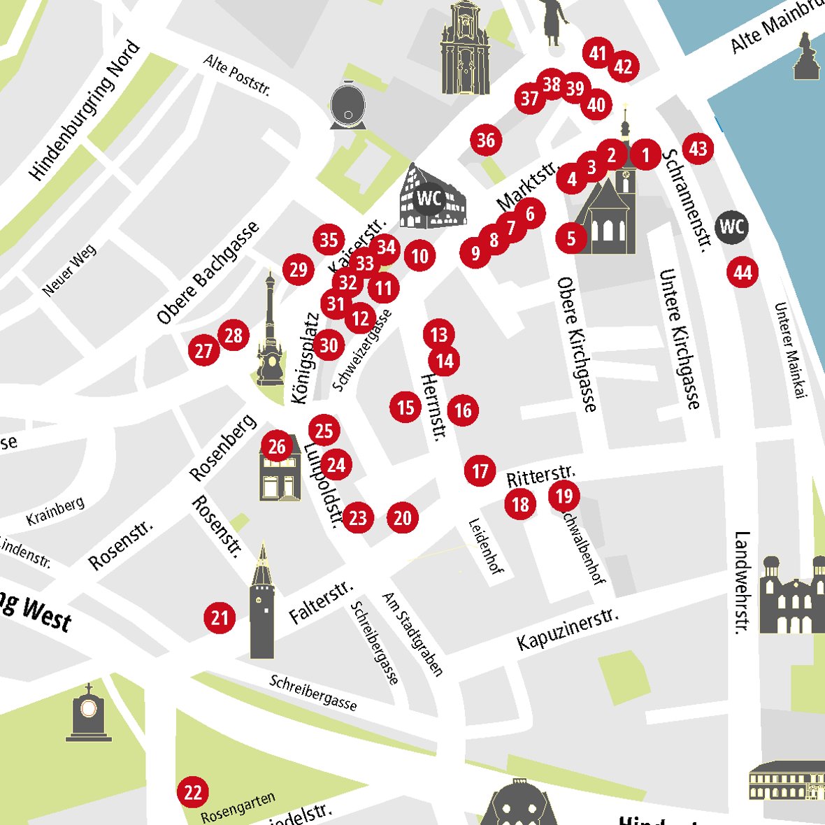 Stadtplan Schaufensterrundgang Alle Standorte der Schaufenster in der Innenstadt auf einer Karte markiert.