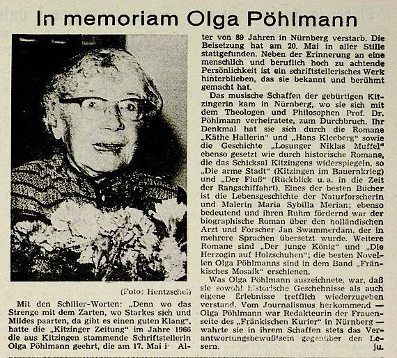 Zeitungsausschnitt über Olga Pöhlmann Zeitungsausschnitt "In memoriam Olga Pöhlmann". Erschienen in der Kitzinger Zeitung am 22. Mai 1969.