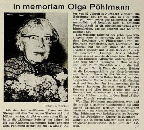 Zeitungsausschnitt über Olga Pöhlmann Zeitungsausschnitt "In memoriam Olga Pöhlmann". Erschienen in der Kitzinger Zeitung am 22. Mai 1969.