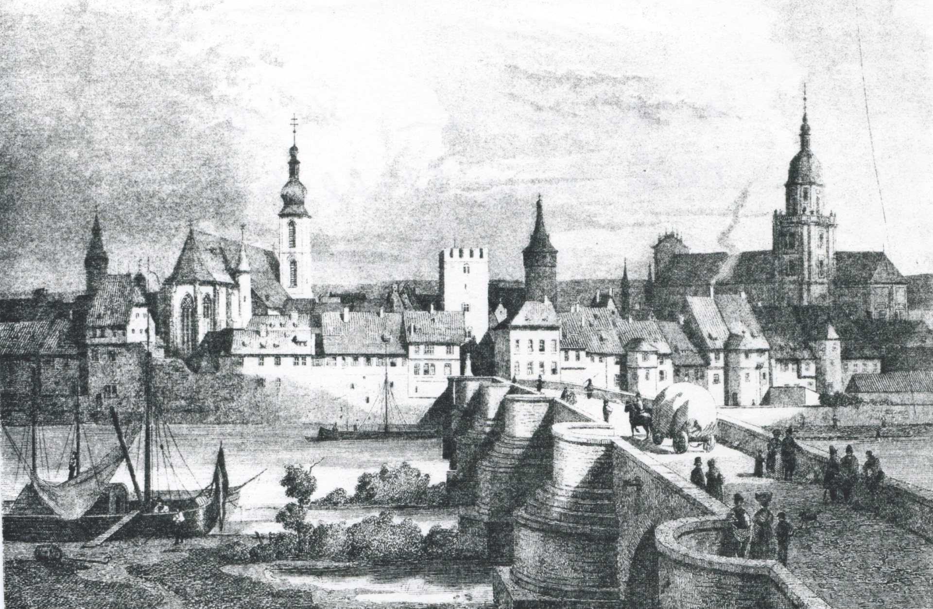Stahlstich Alte Mainbrücke um 1840 nach Poppel